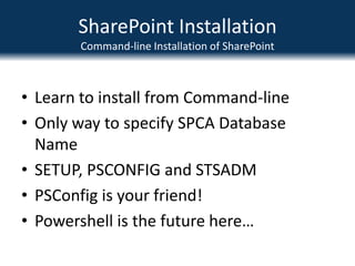 SharePoint InstallationService AccountsNever use a single service account!Create the Following AccountsSQL Admin AccountInstallation AccountSharePoint Farm AdminSearch AdminDefault Content Access AccountApplication Pool Identity Accounts