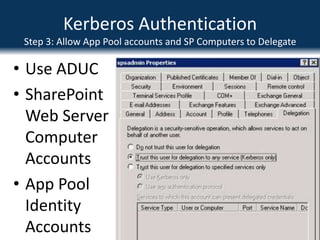 Kerberos AuthenticationEnable for Best Practise Security!Use Kerberos when creating Web AppsExtra steps required, but worth it…