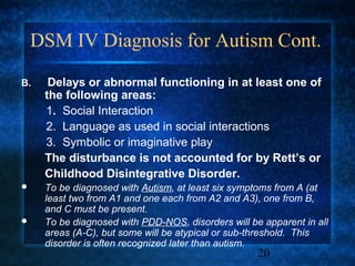 DSM IV Diagnosis for Autism Cont.

B.    Delays or abnormal functioning in at least one of
     the following areas:
     1. Social Interaction
     2. Language as used in social interactions
     3. Symbolic or imaginative play
     The disturbance is not accounted for by Rett’s or
     Childhood Disintegrative Disorder.
    To be diagnosed with Autism, at least six symptoms from A (at
     least two from A1 and one each from A2 and A3), one from B,
     and C must be present.
    To be diagnosed with PDD-NOS, disorders will be apparent in all
     areas (A-C), but some will be atypical or sub-threshold. This
     disorder is often recognized later than autism.
                                                    20
 