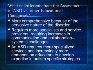 What is Different about the Assessment
of ASD vs. other Educational
Categories?
 More  comprehensive because of the
  pervasive nature of the disorder
 Requires more specialists and service
  providers, requiring increases in
  communication and collaboration--
  systemic challenges
 An ASD requires more specialized
  services and increasingly more
  demands on educators to develop
  expertise in autism specific strategies
 