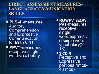 DIRECT ASSESSMENT MEASURES-
 LANGUAGE/COMMUNICATION
 SKILLS
                     ROWPVT/EOW
PLS-4   -measures
 Auditory             PVT-measures
 Comprehension        receptive
 and Expressive       single
 Communication        word/expressiv
 for Birth-6-11       e single word
                      vocabulary(2-
PPVT-measures
                      18)
 receptive single     SICD-R
 word vocabulary      Receptive and
                      Expressive
                      portions(4mos-
                      48 mos)
 