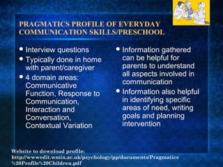PRAGMATICS PROFILE OF EVERYDAY
  COMMUNICATION SKILLS/PRESCHOOL

   Interview questions               Information   gathered
   Typically done in home             can be helpful for
    with parent/caregiver              parents to understand
   4 domain areas:                    all aspects involved in
                                       communication
    Communicative
                                      Information also helpful
    Function, Response to
    Communication,                     in identifying specific
    Interaction and                    areas of need, writing
    Conversation,                      goals and planning
    Contextual Variation               intervention


Website to download profile:
http://wwwedit.wmin.ac.uk/psychology/pp/documents/Pragmatics
%20Profile%20Children.pdf
 