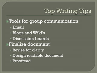 Tools

for group communication

• Email
• Blogs and Wiki’s
• Discussion boards
Finalize

document

• Revise for clarity
• Design readable document
• Proofread

 