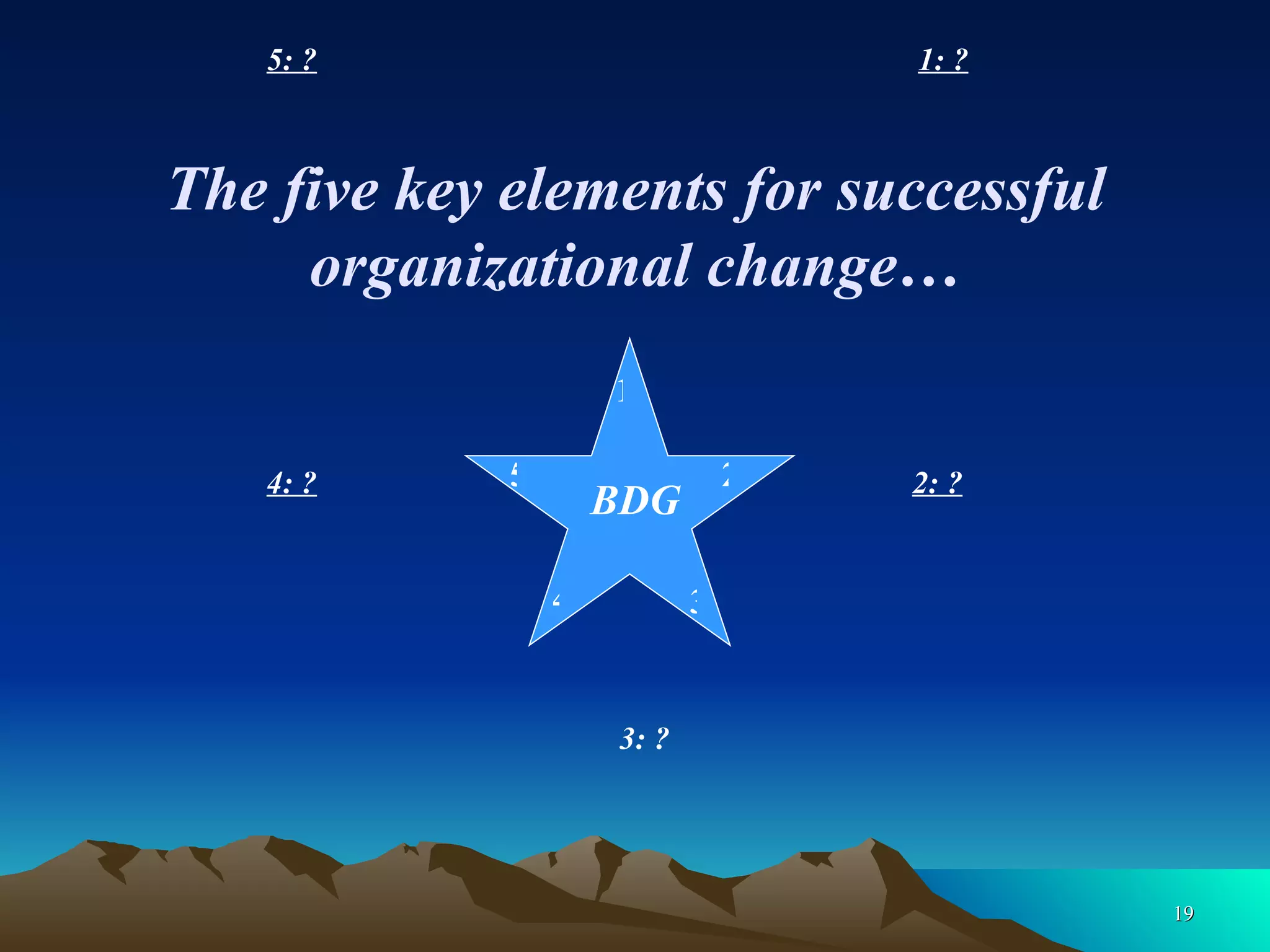 1: ? 2: ?   3: ? 4: ? 5: ? BDG 2 3 4 5 The five key elements for successful organizational change… 1 