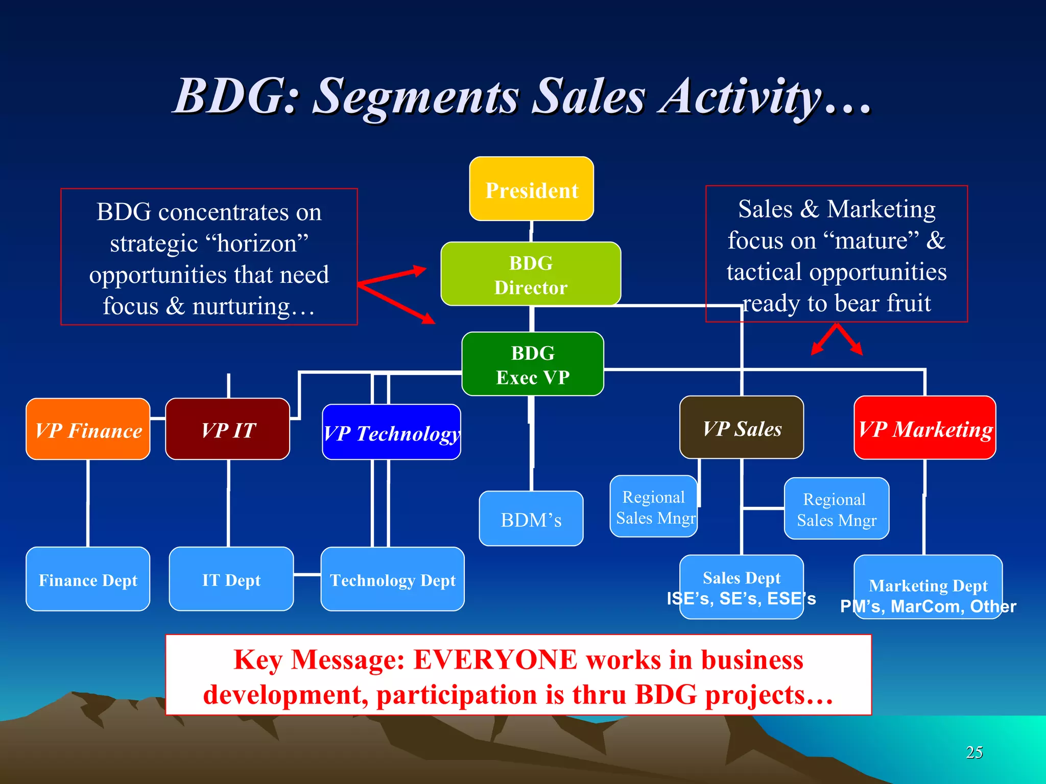 BDG: Segments Sales Activity… President VP Finance VP IT VP Technology VP Sales Finance Dept IT Dept Technology Dept Sales Dept ISE’s, SE’s, ESE’s Regional Sales Mngr Regional  Sales Mngr BDG Director BDG Exec VP BDM’s VP Marketing Marketing Dept PM’s, MarCom, Other Sales & Marketing focus on “mature” & tactical opportunities ready to bear fruit BDG concentrates on strategic “horizon” opportunities that need focus & nurturing… Key Message: EVERYONE works in business development, participation is thru BDG projects… 