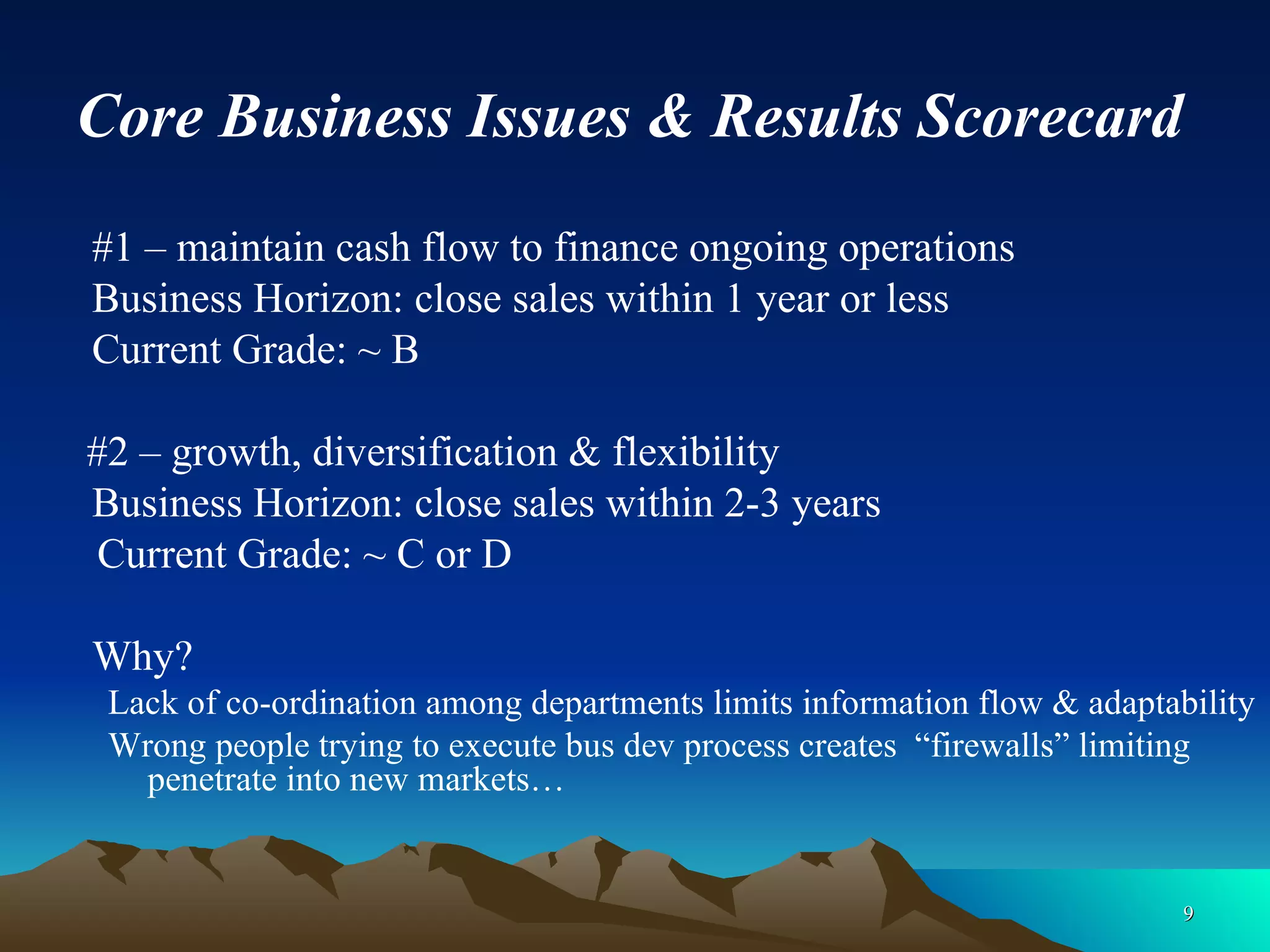 Core Business Issues & Results Scorecard #1 – maintain cash flow to finance ongoing operations Business Horizon: close sales within 1 year or less Current Grade: ~ B #2 – growth, diversification & flexibility Business Horizon: close sales within 2-3 years Current Grade: ~ C or D Why? Lack of co-ordination among departments limits information flow & adaptability Wrong people trying to execute bus dev process creates  “firewalls” limiting penetrate into new markets…    