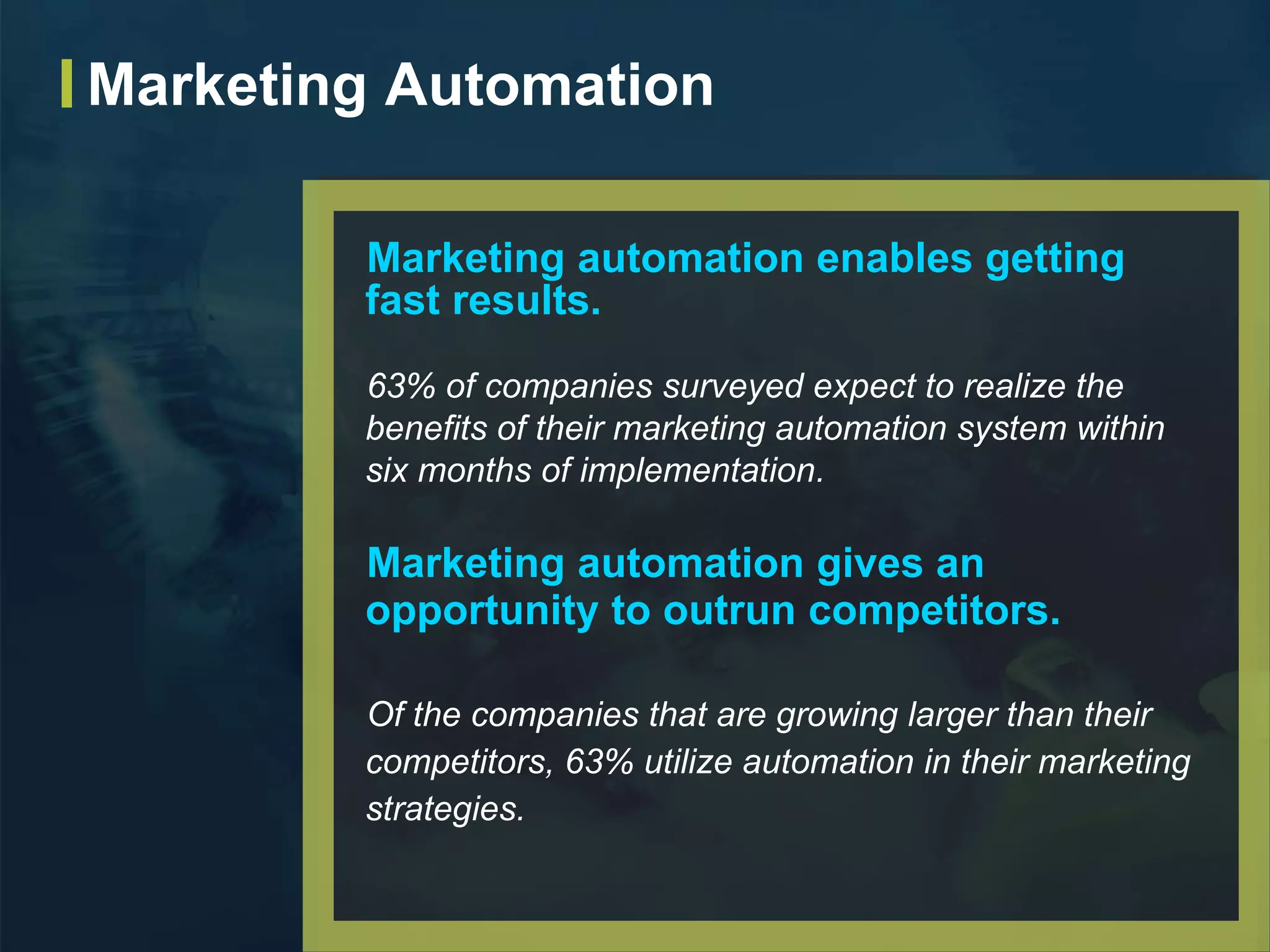 Marketing automation enables getting
fast results.
63% of companies surveyed expect to realize the
benefits of their marketing automation system within
six months of implementation.
Marketing automation gives an
opportunity to outrun competitors.
Of the companies that are growing larger than their
competitors, 63% utilize automation in their marketing
strategies.
Marketing Automation
 