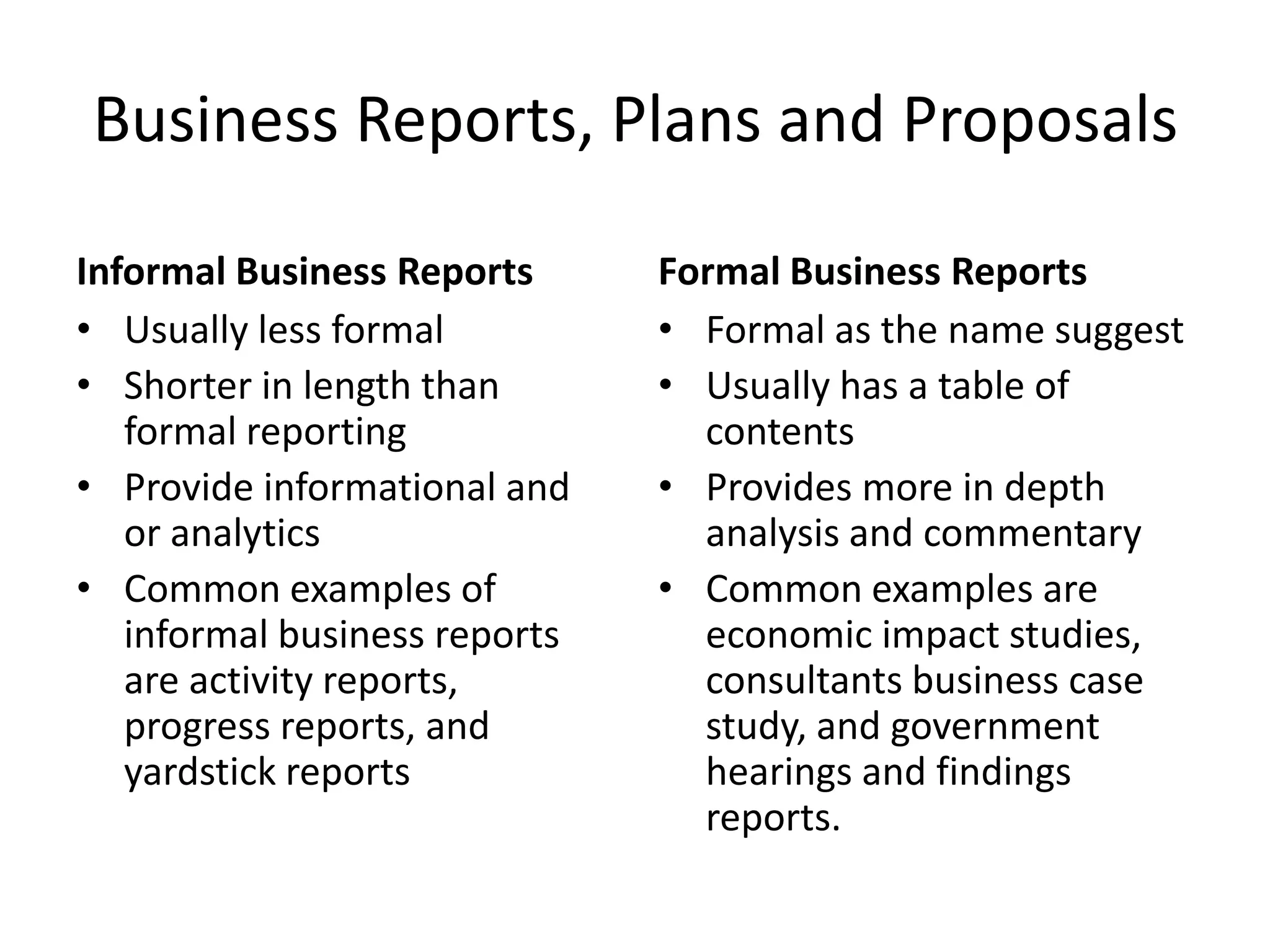 Business Reports, Plans and Proposals
Informal Business Reports
• Usually less formal
• Shorter in length than
formal reporting
• Provide informational and
or analytics
• Common examples of
informal business reports
are activity reports,
progress reports, and
yardstick reports

Formal Business Reports
• Formal as the name suggest
• Usually has a table of
contents
• Provides more in depth
analysis and commentary
• Common examples are
economic impact studies,
consultants business case
study, and government
hearings and findings
reports.

 