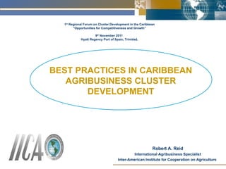 BEST PRACTICES IN CARIBBEAN AGRIBUSINESS CLUSTER DEVELOPMENT Robert A. Reid International Agribusiness Specialist Inter-American Institute for Cooperation on Agriculture  1 st  Regional Forum on Cluster Development in the Caribbean “ Opportunities for Competitiveness and Growth”   9 th  November 2011  Hyatt Regency Port of Spain, Trinidad. 