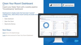 Inspire your Sales Team with a weekly pipeline
"housekeeping" dashboard
Dashboards to display deals that have been "pushed"
multiple times, deals without recent activity and deals missing
key data:
• Sales Dashboard
• Clean Your Room
• Opportunity Cleanup
Next Steps:
Get It now on the AppExchange.
Learn the best practices for Clean Your Room! Dashboard
Clean Your Room! Dashboard
 