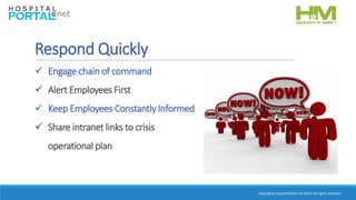 Copyrights HospitalPortal.net 2016. All rights reserved.
Respond Quickly
 Engage chain of command
 Alert Employees First
 Keep Employees Constantly Informed
 Share intranet links to crisis
operational plan
 