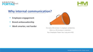 Copyrights HospitalPortal.net 2016. All rights reserved.
Why internal communication?
 Employee engagement
 Brand ambassadorship
 Work smarter, not harder
For every 2% increase in employee satisfaction,
there is a 1% increase in retention…
Your Employees Power Your Long-term ROI.
 