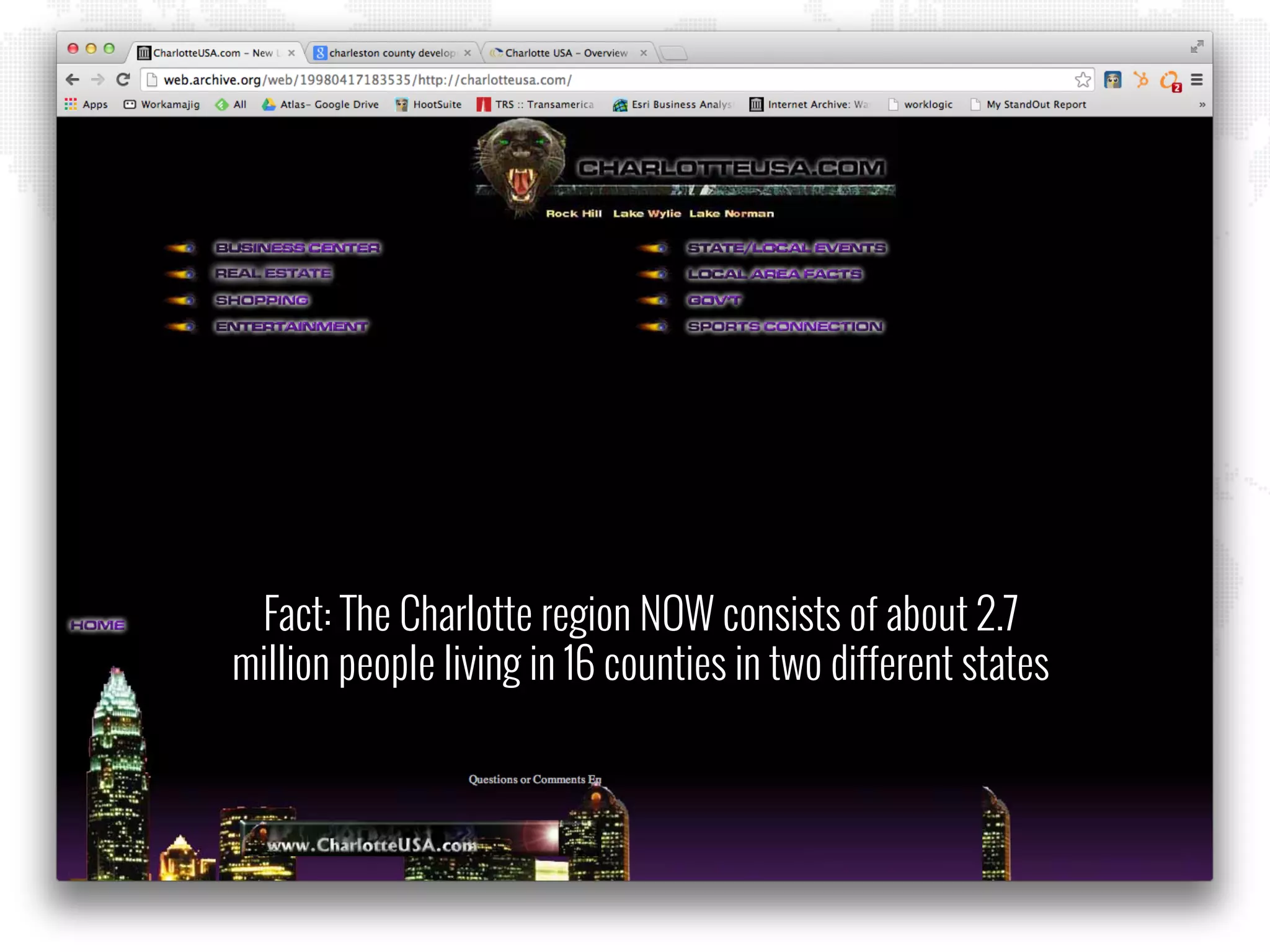 Fact: The Charlotte region NOW consists of about 2.7
million people living in 16 counties in two different states
 