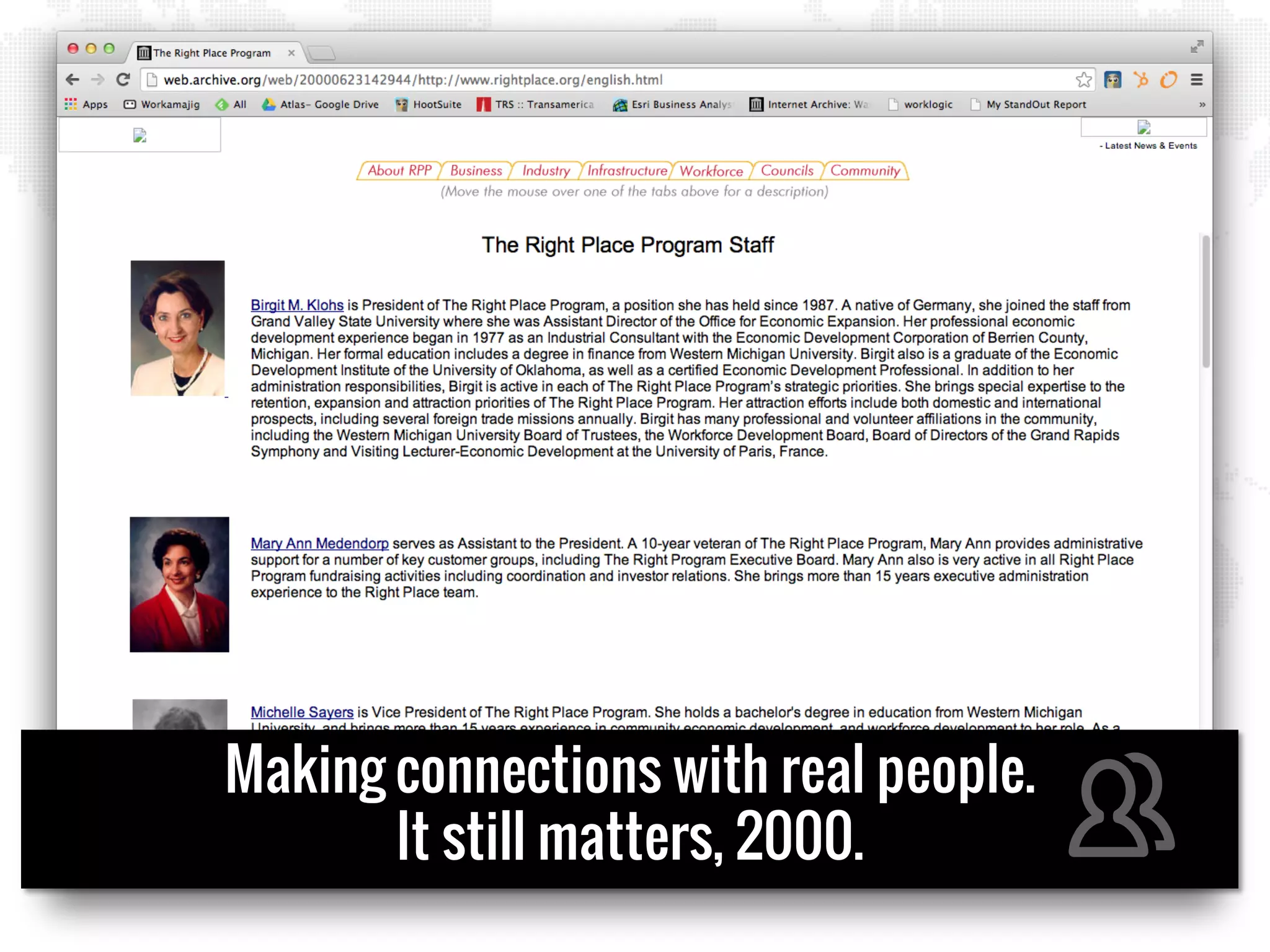 Making connections with real people.
It still matters, 2000.
 