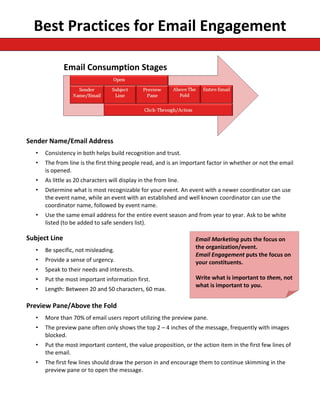 Best Practices for Email Engagement

               Email Consumption Stages




Sender Name/Email Address
   •   Consistency in both helps build recognition and trust.
   •   The from line is the first thing people read, and is an important factor in whether or not the email
       is opened.
   •   As little as 20 characters will display in the from line.
   •   Determine what is most recognizable for your event. An event with a newer coordinator can use
       the event name, while an event with an established and well known coordinator can use the
       coordinator name, followed by event name.
   •   Use the same email address for the entire event season and from year to year. Ask to be white
       listed (to be added to safe senders list).

Subject Line                                                       Email Marketing puts the focus on
                                                                   the organization/event.
   •   Be specific, not misleading.
                                                                   Email Engagement puts the focus on
   •   Provide a sense of urgency.                                 your constituents.
   •   Speak to their needs and interests.
   •   Put the most important information first.                   Write what is important to them, not
                                                                   what is important to you.
   •   Length: Between 20 and 50 characters, 60 max.

Preview Pane/Above the Fold
   •   More than 70% of email users report utilizing the preview pane.
   •   The preview pane often only shows the top 2 – 4 inches of the message, frequently with images
       blocked.
   •   Put the most important content, the value proposition, or the action item in the first few lines of
       the email.
   •   The first few lines should draw the person in and encourage them to continue skimming in the
       preview pane or to open the message.
 