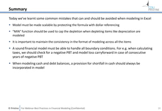 © Pristine For Webinar-Best Practices in Financial Modeling (Confidential)
Summary
Today we’ve learnt some common mistakes...