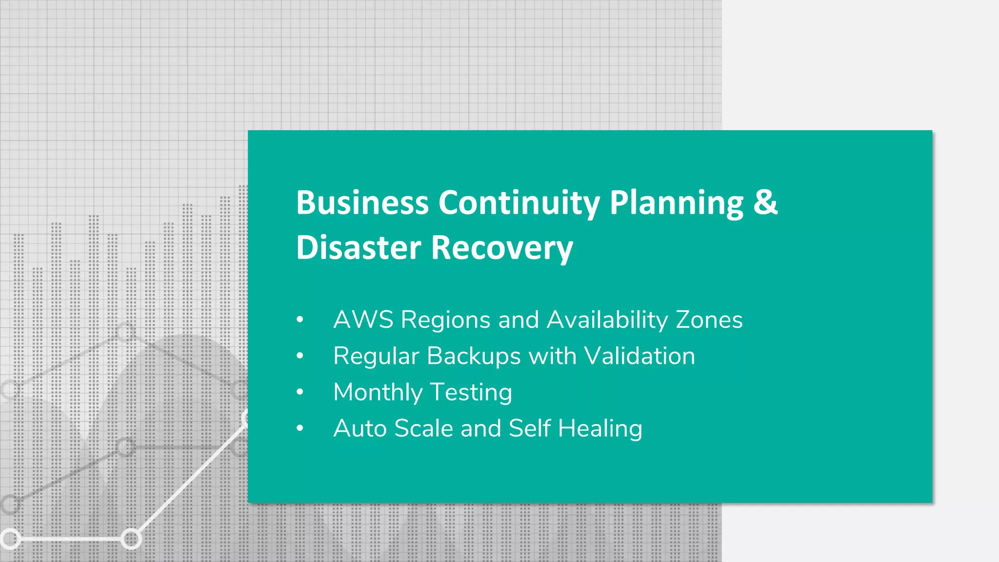 • AWS Regions and Availability Zones
• Regular Backups with Validation
• Monthly Testing
• Auto Scale and Self Healing
Business Continuity Planning &
Disaster Recovery
 