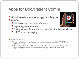 Apps for Doc/Patient Comm
 40% of physicians use medical apps on a daily basis
 Benefits
  Decreases costs, increases efficiency
  Improving communication
  Giving patients the tools to be responsible for their own health
  HIPPA secure messaging


 Additional Resources
   5 ways mobile apps streamline patient-doctor communication bit.ly/P3yNZv via
     @Michelle_writes
    Mobile Apps The Future of Healthcare is Already at Your Fingertips #infographic via
     @greatist @RockHealth http://pinterest.com/pin/38773246762692568/
 