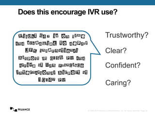 © 2002-2013 Nuance Communications, Inc. All rights reserved. Page 22
Does this encourage IVR use?
Trustworthy?
Clear?
Confident?
Caring?
 