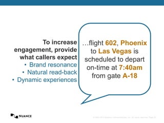 © 2002-2013 Nuance Communications, Inc. All rights reserved. Page 23
To increase
engagement, provide
what callers expect
• Brand resonance
• Natural read-back
• Dynamic experiences
…flight 602, Phoenix
to Las Vegas is
scheduled to depart
on-time at 7:40am
from gate A-18
 