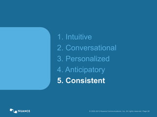 © 2002-2013 Nuance Communications, Inc. All rights reserved. Page 28
1. Intuitive
2. Conversational
3. Personalized
4. Anticipatory
5. Consistent
 