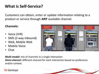 © 2013, Genesys Telecommunications Laboratories, Inc. All rights reserved.
3
What is Self-Service?
Customers can obtain, enter or update information relating to a
product or service through ANY available channel.
Channels:
• Voice (IVR)
• SMS (2-way inbound)
• Web, Mobile Web
• Mobile Voice
• Chat
Multi-modal: mix of channels in a single interaction
Omni-channel: different channel for each interaction based on preference
and/or context.
 