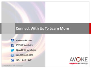 © 2014 Raytheon BBN Technologies
AVOKE Analytics
@AVOKE_Analytics
www.avoke.com
info@avoke.com
(617) 873-1600
Connect With Us To Learn More
 