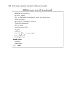 104 BEST PRACTICES IN LEADERSHIP DEVELOPMENT AND ORGANIZATION CHANGE

                         Exhibit 4.3. Executive Session FAST Agenda (Continued)
          Response to environment
          Corporate strategy
          How an allied model would impact bonus plan deployment
          Business strategy
          Accountability in an allied business
          The intellectual agenda
          Types of work
          Advantage capabilities
          Scorecard
          Attributes
          Balancing short- & long-term goals
          Leadership brand
          Enabling systems
       SCORECARDS
         Employee
         Organization
       NEXT STEPS
 