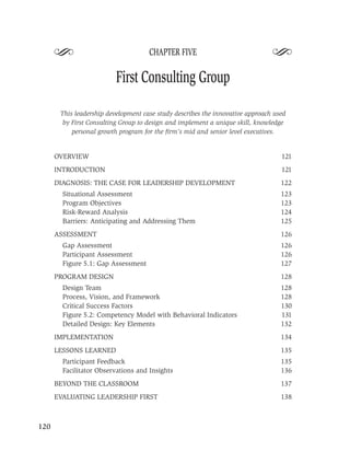 S                              CHAPTER FIVE
                                                                               S
                          First Consulting Group

       This leadership development case study describes the innovative approach used
        by First Consulting Group to design and implement a unique skill, knowledge
           personal growth program for the ﬁrm’s mid and senior level executives.


      OVERVIEW                                                                    121
      INTRODUCTION                                                                121
      DIAGNOSIS: THE CASE FOR LEADERSHIP DEVELOPMENT                              122
        Situational Assessment                                                    123
        Program Objectives                                                        123
        Risk-Reward Analysis                                                      124
        Barriers: Anticipating and Addressing Them                                125
      ASSESSMENT                                                                  126
        Gap Assessment                                                            126
        Participant Assessment                                                    126
        Figure 5.1: Gap Assessment                                                127
      PROGRAM DESIGN                                                              128
        Design Team                                                               128
        Process, Vision, and Framework                                            128
        Critical Success Factors                                                  130
        Figure 5.2: Competency Model with Behavioral Indicators                   131
        Detailed Design: Key Elements                                             132
      IMPLEMENTATION                                                              134
      LESSONS LEARNED                                                             135
        Participant Feedback                                                      135
        Facilitator Observations and Insights                                     136
      BEYOND THE CLASSROOM                                                        137
      EVALUATING LEADERSHIP FIRST                                                 138



120
 