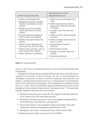 FIRST CONSULTING GROUP   127

                                            Skill Deﬁciencies for Future
  Current FCG Leadership Skills             Organizational Success

  • Business and planning skills            • Ability to create and communicate
  • Management experience leading             vision
    alliances, partnerships and joint       • Ability to demonstrate a level of
    ventures                                  passion that creates and motivates
  • Business savvy that translates            a following
    market opportunity into value           • Courage to take risks and create
    creation                                  change
  • Hardcore ﬁnancial management            • Ability to create a team and inspire
    skills in metrics and reporting           team play
  • Breadth of perspective about the        • Ability to develop others and to be
    industry                                  seen as a sensei
  • Ability to build a following and        • Understanding of ﬁnancial
    then let go when the time is right        intricacies
  • Ability to focus, prioritize, and cut   • Broad business acumen
    losses quickly when required            • Strength of character, ethics and
  • Ability and desire to collaborate         integrity
                                            • Emotional competency



Figure 5.1 Gap Assessment.


and was also to be re-administered nine to twelve months following their
participation.
   Although the PCADs process provided feedback and career and performance
coaching to associates, it did not employ any sort of instrumentation or
360-degree assessment. In order to provide maximum self-awareness and
insight, a multifaceted assessment process was administered to all participants
prior to their attendance in the program. This comprehensive assessment would
serve as a “study” focus for participants during Leadership First and also as the
foundation for the creation of their formal “learning contract.” The assessment
package comprised data from ﬁve input vehicles:
  • Participant self-assessment versus the FCG targeted leadership behaviors
    (a key aspect of the self-nomination process)
  • Participant 360 degree assessment versus the targeted leadership behav-
    iors by FCG peers, subordinates, and superiors
  • External benchmark—the participant’s behavioral proﬁle versus 600
    comparably positioned managerial and professional staff
  • Managerial style proﬁle, as measured by the Atkins Kacher LIFO
  • Behavioral needs proﬁle, as measured by the FIRO-B
 