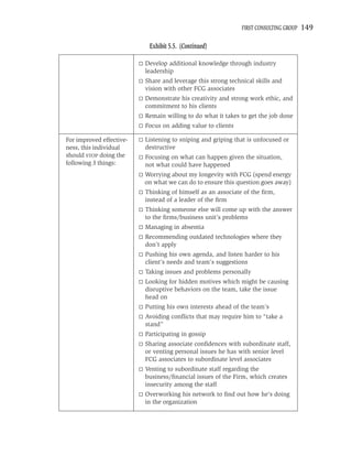 FIRST CONSULTING GROUP   149

                           Exhibit 5.5. (Continued)

                          Develop additional knowledge through industry
                          leadership
                          Share and leverage this strong technical skills and
                          vision with other FCG associates
                          Demonstrate his creativity and strong work ethic, and
                          commitment to his clients
                          Remain willing to do what it takes to get the job done
                          Focus on adding value to clients

For improved effective-   Listening to sniping and griping that is unfocused or
ness, this individual     destructive
should STOP doing the     Focusing on what can happen given the situation,
following 3 things:       not what could have happened
                          Worrying about my longevity with FCG (spend energy
                          on what we can do to ensure this question goes away)
                          Thinking of himself as an associate of the ﬁrm,
                          instead of a leader of the ﬁrm
                          Thinking someone else will come up with the answer
                          to the ﬁrms/business unit’s problems
                          Managing in absentia
                          Recommending outdated technologies where they
                          don’t apply
                          Pushing his own agenda, and listen harder to his
                          client’s needs and team’s suggestions
                          Taking issues and problems personally
                          Looking for hidden motives which might be causing
                          disruptive behaviors on the team, take the issue
                          head on
                          Putting his own interests ahead of the team’s
                          Avoiding conﬂicts that may require him to “take a
                          stand”
                          Participating in gossip
                          Sharing associate conﬁdences with subordinate staff,
                          or venting personal issues he has with senior level
                          FCG associates to subordinate level associates
                          Venting to subordinate staff regarding the
                          business/ﬁnancial issues of the Firm, which creates
                          insecurity among the staff
                          Overworking his network to ﬁnd out how he’s doing
                          in the organization
 