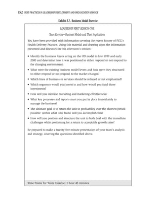 152 BEST PRACTICES IN LEADERSHIP DEVELOPMENT AND ORGANIZATION CHANGE

                                  Exhibit 5.7. Business Model Exercise

                                    LEADERSHIP FIRST SESSION ONE
                          Team Exercise—Business Models and Their Implications
        You have been provided with information covering the recent history of FCG’s
        Health Delivery Practice. Using this material and drawing upon the information
        presented and discussed in this afternoon’s session:

        • Identify the business forces acting on the HD model in late 1999 and early
          2000 and determine how it was positioned to either respond or not respond to
          the changing environment.
        • What were the existing business model levers and how were they structured
          to either respond or not respond to the market changes?
        • Which lines of business or services should be reduced or not emphasized?
        • Which segments would you invest in and how would you fund those
          investments?
        • How will you increase marketing and marketing effectiveness?
        • What key processes and reports must you put in place immediately to
          manage the business?
        • The ultimate goal is to return the unit to proﬁtability over the shortest period
          possible: within what time frame will you accomplish this?
        • How will you position and structure the unit to both deal with the immediate
          challenges while positioning for a return to acceptable growth rates?

        Be prepared to make a twenty-ﬁve-minute presentation of your team’s analysis
        and strategy, covering the questions identiﬁed above.




        Time Frame for Team Exercise: 1 hour 45 minutes
 