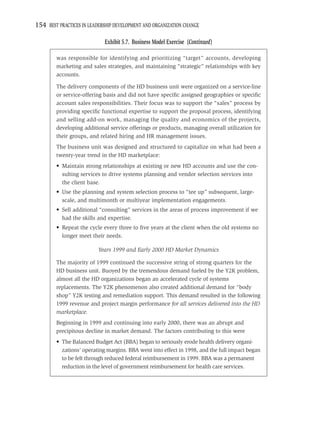 154 BEST PRACTICES IN LEADERSHIP DEVELOPMENT AND ORGANIZATION CHANGE

                            Exhibit 5.7. Business Model Exercise (Continued)

        was responsible for identifying and prioritizing “target” accounts, developing
        marketing and sales strategies, and maintaining “strategic” relationships with key
        accounts.

        The delivery components of the HD business unit were organized on a service-line
        or service-offering basis and did not have speciﬁc assigned geographies or speciﬁc
        account sales responsibilities. Their focus was to support the “sales” process by
        providing speciﬁc functional expertise to support the proposal process, identifying
        and selling add-on work, managing the quality and economics of the projects,
        developing additional service offerings or products, managing overall utilization for
        their groups, and related hiring and HR management issues.
        The business unit was designed and structured to capitalize on what had been a
        twenty-year trend in the HD marketplace:
        • Maintain strong relationships at existing or new HD accounts and use the con-
          sulting services to drive systems planning and vendor selection services into
          the client base.
        • Use the planning and system selection process to “tee up” subsequent, large-
          scale, and multimonth or multiyear implementation engagements.
        • Sell additional “consulting” services in the areas of process improvement if we
          had the skills and expertise.
        • Repeat the cycle every three to ﬁve years at the client when the old systems no
          longer meet their needs.

                          Years 1999 and Early 2000 HD Market Dynamics

        The majority of 1999 continued the successive string of strong quarters for the
        HD business unit. Buoyed by the tremendous demand fueled by the Y2K problem,
        almost all the HD organizations began an accelerated cycle of systems
        replacements. The Y2K phenomenon also created additional demand for “body
        shop” Y2K testing and remediation support. This demand resulted in the following
        1999 revenue and project margin performance for all services delivered into the HD
        marketplace.
        Beginning in 1999 and continuing into early 2000, there was an abrupt and
        precipitous decline in market demand. The factors contributing to this were
        • The Balanced Budget Act (BBA) began to seriously erode health delivery organi-
          zations’ operating margins. BBA went into effect in 1998, and the full impact began
          to be felt through reduced federal reimbursement in 1999. BBA was a permanent
          reduction in the level of government reimbursement for health care services.
 