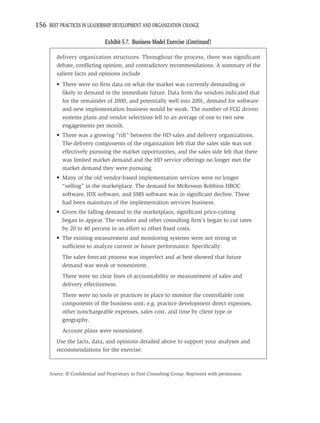 156 BEST PRACTICES IN LEADERSHIP DEVELOPMENT AND ORGANIZATION CHANGE

                                Exhibit 5.7. Business Model Exercise (Continued)

         delivery organization structures. Throughout the process, there was signiﬁcant
         debate, conﬂicting opinion, and contradictory recommendations. A summary of the
         salient facts and opinions include
         • There were no ﬁrm data on what the market was currently demanding or
           likely to demand in the immediate future. Data from the vendors indicated that
           for the remainder of 2000, and potentially well into 2001, demand for software
           and new implementation business would be weak. The number of FCG driven
           systems plans and vendor selections fell to an average of one to two new
           engagements per month.
         • There was a growing “rift” between the HD sales and delivery organizations.
           The delivery components of the organization felt that the sales side was not
           effectively pursuing the market opportunities, and the sales side felt that there
           was limited market demand and the HD service offerings no longer met the
           market demand they were pursuing.
         • Many of the old vendor-based implementation services were no longer
           “selling” in the marketplace. The demand for McKesson Robbins HBOC
           software, IDX software, and SMS software was in signiﬁcant decline. These
           had been mainstays of the implementation services business.
         • Given the falling demand in the marketplace, signiﬁcant price-cutting
           began to appear. The vendors and other consulting ﬁrm’s began to cut rates
           by 20 to 40 percent in an effort to offset ﬁxed costs.
         • The existing measurement and monitoring systems were not strong or
           sufﬁcient to analyze current or future performance. Speciﬁcally:
           The sales forecast process was imperfect and at best showed that future
           demand was weak or nonexistent.
           There were no clear lines of accountability or measurement of sales and
           delivery effectiveness.
           There were no tools or practices in place to monitor the controllable cost
           components of the business unit; e.g. practice development direct expenses,
           other nonchargeable expenses, sales cost, and time by client type or
           geography.
           Account plans were nonexistent.
         Use the facts, data, and opinions detailed above to support your analyses and
         recommendations for the exercise.



      Source: © Conﬁdential and Proprietary to First Consulting Group. Reprinted with permission.
 