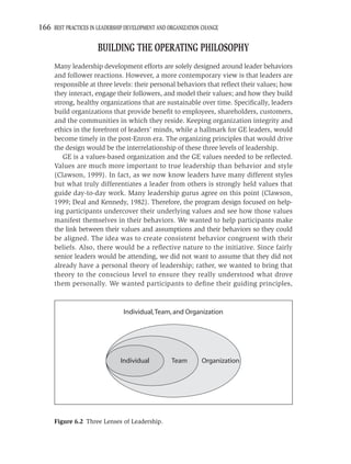 166 BEST PRACTICES IN LEADERSHIP DEVELOPMENT AND ORGANIZATION CHANGE

                      BUILDING THE OPERATING PHILOSOPHY
     Many leadership development efforts are solely designed around leader behaviors
     and follower reactions. However, a more contemporary view is that leaders are
     responsible at three levels: their personal behaviors that reﬂect their values; how
     they interact, engage their followers, and model their values; and how they build
     strong, healthy organizations that are sustainable over time. Speciﬁcally, leaders
     build organizations that provide beneﬁt to employees, shareholders, customers,
     and the communities in which they reside. Keeping organization integrity and
     ethics in the forefront of leaders’ minds, while a hallmark for GE leaders, would
     become timely in the post-Enron era. The organizing principles that would drive
     the design would be the interrelationship of these three levels of leadership.
        GE is a values-based organization and the GE values needed to be reﬂected.
     Values are much more important to true leadership than behavior and style
     (Clawson, 1999). In fact, as we now know leaders have many different styles
     but what truly differentiates a leader from others is strongly held values that
     guide day-to-day work. Many leadership gurus agree on this point (Clawson,
     1999; Deal and Kennedy, 1982). Therefore, the program design focused on help-
     ing participants undercover their underlying values and see how those values
     manifest themselves in their behaviors. We wanted to help participants make
     the link between their values and assumptions and their behaviors so they could
     be aligned. The idea was to create consistent behavior congruent with their
     beliefs. Also, there would be a reﬂective nature to the initiative. Since fairly
     senior leaders would be attending, we did not want to assume that they did not
     already have a personal theory of leadership; rather, we wanted to bring that
     theory to the conscious level to ensure they really understood what drove
     them personally. We wanted participants to deﬁne their guiding principles,



                                Individual, Team, and Organization




                               Individual         Team       Organization




     Figure 6.2 Three Lenses of Leadership.
 