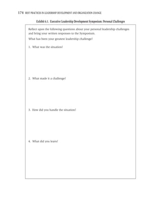 174 BEST PRACTICES IN LEADERSHIP DEVELOPMENT AND ORGANIZATION CHANGE

               Exhibit 6.1. Executive Leadership Development Symposium: Personal Challenges

        Reﬂect upon the following questions about your personal leadership challenges
        and bring your written responses to the Symposium.
        What has been your greatest leadership challenge?

        1. What was the situation?




        2. What made it a challenge?




        3. How did you handle the situation?




        4. What did you learn?
 
