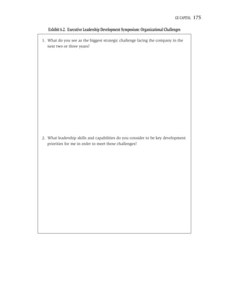 GE CAPITAL   175

   Exhibit 6.2. Executive Leadership Development Symposium: Organizational Challenges

1. What do you see as the biggest strategic challenge facing the company in the
   next two or three years?




2. What leadership skills and capabilities do you consider to be key development
   priorities for me in order to meet these challenges?
 