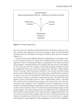 HONEYWELL AEROSPACE   201


                               Optimal solution:
      Business performance is the end — Initiative is the means to the end



                 Self-serving                         Business
                    initiative                        as usual




                                     Improvement
                                      initiative is
                                       launched



Figure 8.1 Divergent Expectations.


Now of course you would be hard-pressed to ﬁnd an initiative owner to actu-
ally verbalize this approach as the actual strategy or goal, but the behaviors
exhibited from the individuals driving the initiative often speak the loudest
(Figure 8.1).
   In some instances the exhibited behavior is asking that we rearrange or mod-
ify the business model to ﬁt within the Six Sigma model versus the correct
approach, which is modifying Six Sigma as appropriate to ﬁt within the model
of the business. At Honeywell there was evidence that some forms of this behav-
ior were alive and well. For example, a Black Belt would get certiﬁed and then
get assigned the task to go out into the organization and ﬁnd a million dollars
worth of savings. What transpired would be a very excited and well-trained
process expert beginning the hunt for savings. Like a bloodhound in search of
its quarry, the very-well intentioned Black Belt discovers an excessive pile
of inventory sitting in a particular manufacturing cell. The Black Belt then
begins to hone in and lock on this as “their” million-dollar project. The Black
Belt confronts the manufacturing manager and informs him or her that the
inventory in the manager’s area is targeted for removal. Subsequent to the dis-
cussion, the Black Belt begins explaining the cadre of tools that would be used
to take out the inventory enemy. Of course the manufacturing manager resists
being changed. This initial meeting marks the beginning of the organizational
brick wall that will be quickly built to keep out these renegade Black Belts. It is
not that the manufacturing manager does not want to eliminate inventory and
improve the performance of the his or her area, it is just that there is a signiﬁ-
cant disconnect in goal alignment. This misalignment causes the key stakeholder
 