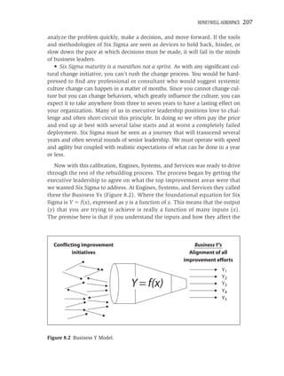 HONEYWELL AEROSPACE   207

analyze the problem quickly, make a decision, and move forward. If the tools
and methodologies of Six Sigma are seen as devices to hold back, hinder, or
slow down the pace at which decisions must be made, it will fail in the minds
of business leaders.
   • Six Sigma maturity is a marathon not a sprint. As with any signiﬁcant cul-
tural change initiative, you can’t rush the change process. You would be hard-
pressed to ﬁnd any professional or consultant who would suggest systemic
culture change can happen in a matter of months. Since you cannot change cul-
ture but you can change behaviors, which greatly inﬂuence the culture, you can
expect it to take anywhere from three to seven years to have a lasting effect on
your organization. Many of us in executive leadership positions love to chal-
lenge and often short-circuit this principle. In doing so we often pay the price
and end up at best with several false starts and at worst a completely failed
deployment. Six Sigma must be seen as a journey that will transcend several
years and often several rounds of senior leadership. We must operate with speed
and agility but coupled with realistic expectations of what can be done in a year
or less.
   Now with this calibration, Engines, Systems, and Services was ready to drive
through the rest of the rebuilding process. The process began by getting the
executive leadership to agree on what the top improvement areas were that
we wanted Six Sigma to address. At Engines, Systems, and Services they called
these the Business Ys (Figure 8.2). Where the foundational equation for Six
Sigma is Y f(x), expressed as y is a function of x. This means that the output
(y) that you are trying to achieve is really a function of many inputs (x).
The premise here is that if you understand the inputs and how they affect the



  Conflicting improvement                                    Business Y's
          initiatives                                      Alignment of all
                                                         improvement efforts
                                                                         Y1
                                                                         Y2
                                   Y = f(x)                              Y3
                                                                         Y4
                                                                         Y5




Figure 8.2 Business Y Model.
 