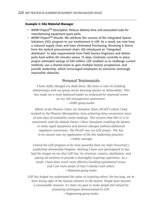 228 BEST PRACTICES IN LEADERSHIP DEVELOPMENT AND ORGANIZATION CHANGE


     Example 3: Site Material Manager

       • WOW! ProjectTM Description. Reduce delivery time and associated costs for
         manufacturing equipment spare parts.
       • WOW! ProjectTM Results. We attribute the success of the Integrated Spares
         Solutions (ISS) program to our involvement in LDF. As a result, we now have
         a reduced supply chain and have eliminated Purchasing, Receiving & Stores
         from the tactical procurement chain. ISS introduced an “integrated
         distributor” to take requirements from Field Service Engineers and deliver
         parts back within 60 minutes versus 15 days. Contracts currently in place
         project estimated savings of $20 million. LDF enabled us to challenge current
         methods, use a shared vision to gain multiple factory acceptances, and
         provide leadership, which encouraged employees to overcome seemingly
         impossible obstacles.

                                   Personal Testimonials
               I have really changed my daily focus. My focus is now on building
           relationships with my group versus focusing always on deliverables. This
            has made me a more balanced leader as evidenced by improved scores
                               on my 360 management assessment.
                                        —SORT group leader

             Efforts of the Phoenix Clean Air Initiative Team (PCAIT) which I lead
          resulted in the Phoenix Metropolitan Area achieving three consecutive years
            of zero days of unhealthy ozone readings. This ensures that Fab 12 is in
           attainment with the Federal Ozone 1-Hour Standard, enabling the factory
               to make rapid equipment and process changes without additional
                 regulatory restrictions. The PCAIT was my LDF project. The key
                to its success was my application of the ﬁve leadership practices.
                                         —Safety manager

           I found the LDF program to be more powerful than my State University’s
           Leadership Scholarship Program. Nothing I have ever participated in has
          had the impact on me that LDF has. Its structure, content, facilitation, and
             pacing all combine to provide a thoroughly inspiring experience. As a
              result, I have been much more effective handling operational issues,
                        and I am more aware of how I interact with others.
                                      —Materials group leader

       LDF has helped me understand the value of inspiring others. For too long, we’ve
         been losing sight of the human element in the factory. People have become
          a consumable resource. It’s been my goal to make people feel valued by
                         practicing techniques demonstrated in LDF.
                                    —Engineering group leader
 