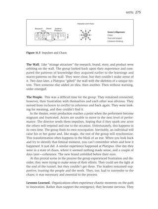 MATTEL   275


                                              Impulses and chaos

      Research     Brand   System/
             Story         Products
                                                                   Scene 5, Alignment




                                      Wk. 6
                                                                   Chaos
                                                                   Trust and respect
                                                                   Coherent thinking




Figure 11.5 Impulses and Chaos.



The Wall. Like “strange attractors” the research, brand, story, and product were
orbiting on the wall. The group looked back upon their experience and com-
pared the patterns of knowledge they acquired earlier to the learnings and
macro-patterns on the wall. They were close, but they couldn’t make sense of
it. Two days later, a Platypus “gifted” the wall with the skeleton of a unique sys-
tem. Then someone else added an idea, then another. Then without warning,
order emerged.

The People. This was a difﬁcult time for the group. They remained connected;
however, their frustration with themselves and each other was obvious. They
moved from inclusion to conﬂict to coherence and back again. They were look-
ing for meaning, and they couldn’t ﬁnd it.
    In the theater, every production reaches a point when the performers become
stagnant and frustrated. Actors are unable to move to the next level of perfor-
mance. The director sends them impulses, hoping that if they spark one actor
the others will respond and rise to the occasion. Unfortunately, this happens in
its own time. The group ﬁnds its own syncopation. Inevitably, an individual will
raise his or her game and, like magic, the rest of the group will synchronize.
This transformation often happens in the blink of an eye. When you look back
and try to identify that liminal moment, you can’t remember when and how it
happened. It just did. A similar experience happened at Platypus. One day they
were in a state of chaos, where it seemed nothing made sense, and a couple of
days later—coherence. The new brand unfolded before their eyes.
    At this pivotal scene in the process the group experienced frustration and dis-
order; they were trying to make sense of their efforts. They could see the light at
the end of the tunnel, but they couldn’t get there. The leaders remained sup-
portive, trusting the people and the work. They, too, had to surrender to the
chaos; it was necessary and essential to the process.

Lessons Learned. Organizations often experience chaotic moments on the path
to innovation. Rather than support the emergence, they become nervous. They
 