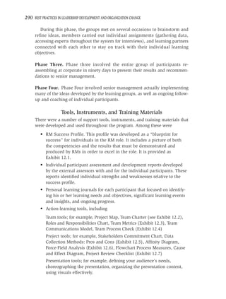 290 BEST PRACTICES IN LEADERSHIP DEVELOPMENT AND ORGANIZATION CHANGE

        During this phase, the groups met on several occasions to brainstorm and
     reﬁne ideas, members carried out individual assignments (gathering data,
     accessing experts throughout the system for interviews), and learning partners
     connected with each other to stay on track with their individual learning
     objectives.

     Phase Three. Phase three involved the entire group of participants re-
     assembling at corporate in ninety days to present their results and recommen-
     dations to senior management.

     Phase Four. Phase Four involved senior management actually implementing
     many of the ideas developed by the learning groups, as well as ongoing follow-
     up and coaching of individual participants.

                     Tools, Instruments, and Training Materials
     There were a number of support tools, instruments, and training materials that
     were developed and used throughout the program. Among these were
         • RM Success Proﬁle. This proﬁle was developed as a “blueprint for
           success” for individuals in the RM role. It includes a picture of both
           the competencies and the results that must be demonstrated and
           produced by RMs in order to excel in the role. It is provided as
           Exhibit 12.1.
         • Individual participant assessment and development reports developed
           by the external assessors with and for the individual participants. These
           reports identiﬁed individual strengths and weaknesses relative to the
           success proﬁle.
         • Personal learning journals for each participant that focused on identify-
           ing his or her learning needs and objectives, signiﬁcant learning events
           and insights, and ongoing progress.
         • Action-learning tools, including
            Team tools; for example, Project Map, Team Charter (see Exhibit 12.2),
            Roles and Responsibilities Chart, Team Metrics (Exhibit 12.3), Team
            Communications Model, Team Process Check (Exhibit 12.4)
            Project tools; for example, Stakeholders Commitment Chart, Data
            Collection Methods: Pros and Cons (Exhibit 12.5), Afﬁnity Diagram,
            Force-Field Analysis (Exhibit 12.6), Flowchart Process Measures, Cause
            and Effect Diagram, Project Review Checklist (Exhibit 12.7)
            Presentation tools; for example, deﬁning your audience’s needs,
            choreographing the presentation, organizing the presentation content,
            using visuals effectively.
 
