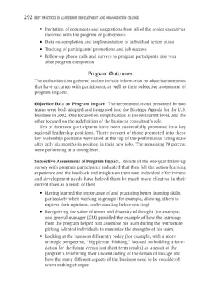 292 BEST PRACTICES IN LEADERSHIP DEVELOPMENT AND ORGANIZATION CHANGE

         • Invitation of comments and suggestions from all of the senior executives
           involved with the program or participants
         • Data on completion and implementation of individual action plans
         • Tracking of participants’ promotions and job success
         • Follow-up phone calls and surveys to program participants one year
           after program completion

                                     Program Outcomes
     The evaluation data gathered to date include information on objective outcomes
     that have occurred with participants, as well as their subjective assessment of
     program impacts.

     Objective Data on Program Impact. The recommendations presented by two
     teams were both adopted and integrated into the Strategic Agenda for the U.S.
     business in 2002. One focused on simpliﬁcation at the restaurant level, and the
     other focused on the redeﬁnition of the business consultant’s role.
        Ten of fourteen participants have been successfully promoted into key
     regional leadership positions. Thirty percent of those promoted into these
     key leadership positions were rated at the top of the performance rating scale
     after only six months in position in their new jobs. The remaining 70 percent
     were performing at a strong level.

     Subjective Assessment of Program Impact. Results of the one-year follow-up
     survey with program participants indicated that they felt the action-learning
     experience and the feedback and insights on their own individual effectiveness
     and development needs have helped them be much more effective in their
     current roles as a result of their
         • Having learned the importance of and practicing better listening skills,
           particularly when working in groups (for example, allowing others to
           express their opinions, understanding before reacting)
         • Recognizing the value of teams and diversity of thought (for example,
           one general manager (GM) provided the example of how the learnings
           from the program helped him assemble his team during the restructure,
           picking talented individuals to maximize the strengths of his team)
         • Looking at the business differently today (for example, with a more
           strategic perspective, “big picture thinking,” focused on building a foun-
           dation for the future versus just short-term results) as a result of the
           program’s reinforcing their understanding of the notion of linkage and
           how the many different aspects of the business need to be considered
           when making changes
 
