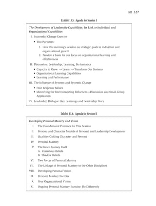 MIT   327

                           Exhibit 13.5. Agenda for Session I

The Development of Leadership Capabilities: Its Link to Individual and
Organizational Capabilities
 I. Successful Change Exercise
    • Two Purposes:
        1. Link this morning’s session on strategic goals to individual and
           organizational growth
        2. Provide a basis for our focus on organizational learning and
           effectiveness
II. Discussion: Leadership, Learning, Performance
    • Capacity to Grow → Learn → Transform Our Systems
    • Organizational Learning Capabilities
    • Learning and Performance
III. The Inﬂuence of Systems and Systemic Change
    • Four Response Modes
    • Identifying the Interconnecting Inﬂuences—Discussion and Small-Group
      Application
IV. Leadership Dialogue: Key Learnings and Leadership Story



                           Exhibit 13.6. Agenda for Session II

Developing Personal Mastery and Vision
   I.   The Foundational Premises for This Session
  II.   Persona and Character Models of Personal and Leadership Development
 III.   Qualities Guiding Character and Persona
 IV.    Personal Mastery
  V.    The Inner Journey Itself
        A. Conscious Beliefs
        B. Shadow Beliefs
 VI.    Two Forces of Personal Mastery
VII.    The Linkage of Personal Mastery to the Other Disciplines
VIII.   Developing Personal Vision
 IX.    Personal Mastery Exercise
  X.    Your Organizational Vision
 XI.    Ongoing Personal Mastery Exercise: Do Differently
 