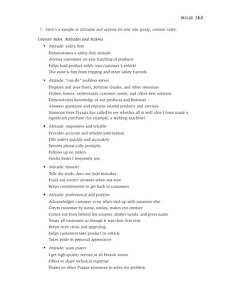 PRAXAIR   363

 7. Here’s a sample of attitudes and actions for one role group, counter sales:

Counter Sales: Attitudes and Actions
   • Attitude: safety ﬁrst
      Demonstrates a safety-ﬁrst attitude
      Advises customers on safe handling of products
      Helps load product safely into customer’s vehicle
      The store is free from tripping and other safety hazards

   • Attitude: “can-do” problem solver
      Displays and uses ﬂyers, Solution Guides, and other resources
      Probes, listens, understands customer needs, and offers best solution
      Demonstrates knowledge of our products and business
      Answers questions and explains related products and services
      Someone from Praxair has called to see whether all is well after I have made a
      signiﬁcant purchase (for example, a welding machine)

   • Attitude: responsive and reliable
      Provides accurate and reliable information
      Fills orders quickly and accurately
      Returns phone calls promptly
      Follows up on orders
      Stocks items I frequently use

   • Attitude: honesty
      Tells the truth, does not hide mistakes
      Finds out correct answers when not sure
      Keeps commitments to get back to customers

   • Attitude: professional and positive
      Acknowledges customer even when tied up with someone else
      Greets customer by name, smiles, makes eye contact
      Comes out from behind the counter, shakes hands, and gives name
      Treats all customers as though it was their ﬁrst visit
      Keeps store clean and appealing
      Helps customers take product to vehicle
      Takes pride in personal appearance

   • Attitude: team player
      I get high-quality service at all Praxair stores
      Offers to share technical expertise
      Draws on other Praxair resources to solve my problem
 