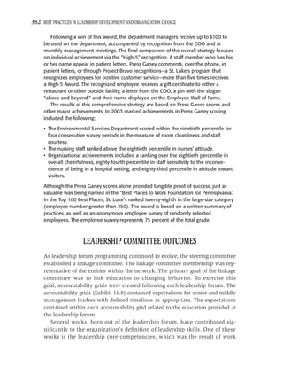 382 BEST PRACTICES IN LEADERSHIP DEVELOPMENT AND ORGANIZATION CHANGE

        Following a win of this award, the department managers receive up to $100 to
     be used on the department, accompanied by recognition from the COO and at
     monthly management meetings. The ﬁnal component of the overall strategy focuses
     on individual achievement via the “High-5” recognition. A staff member who has his
     or her name appear in patient letters, Press Ganey comments, over the phone, in
     patient letters, or through Project Bravo recognitions—a St. Luke’s program that
     recognizes employees for positive customer service—more than ﬁve times receives
     a High-5 Award. The recognized employee receives a gift certiﬁcate to either a
     restaurant or other outside facility, a letter from the COO, a pin with the slogan
     “above and beyond,” and their name displayed on the Employee Wall of Fame.
        The results of this comprehensive strategy are based on Press Ganey scores and
     other major achievements. In 2003 marked achievements in Press Ganey scoring
     included the following:

     • The Environmental Services Department scored within the ninetieth percentile for
       four consecutive survey periods in the measure of room cleanliness and staff
       courtesy.
     • The nursing staff ranked above the eightieth percentile in nurses’ attitude.
     • Organizational achievements included a ranking over the eightieth percentile in
       overall cheerfulness, eighty-fourth percentile in staff sensitivity to the inconve-
       nience of being in a hospital setting, and eighty-third percentile in attitude toward
       visitors.

     Although the Press Ganey scores alone provided tangible proof of success, just as
     valuable was being named in the “Best Places to Work Foundation for Pennsylvania.”
     In the Top 100 Best Places, St. Luke’s ranked twenty-eighth in the large-size category
     (employee number greater than 250). The award is based on a written summary of
     practices, as well as an anonymous employee survey of randomly selected
     employees. The employee survey represents 75 percent of the total grade.



                        LEADERSHIP COMMITTEE OUTCOMES
     As leadership forum programming continued to evolve, the steering committee
     established a linkage committee. The linkage committee membership was rep-
     resentative of the entities within the network. The primary goal of the linkage
     committee was to link education to changing behavior. To exercise this
     goal, accountability grids were created following each leadership forum. The
     accountability grids (Exhibit 16.8) contained expectations for senior and middle
     management leaders with deﬁned timelines as appropriate. The expectations
     contained within each accountability grid related to the education provided at
     the leadership forum.
        Several works, born out of the leadership forum, have contributed sig-
     niﬁcantly to the organization’s deﬁnition of leadership skills. One of these
     works is the leadership core competencies, which was the result of work
 