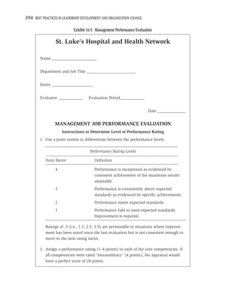 394 BEST PRACTICES IN LEADERSHIP DEVELOPMENT AND ORGANIZATION CHANGE

                            Exhibit 16.9. Management Performance Evaluation

                 St. Luke’s Hospital and Health Network

        Name ______________________


        Department and Job Title ________________________


        Entity ____________________


        Evaluator ____________       Evaluation Period____________


                                                                        Date ______________


                 MANAGEMENT JOB PERFORMANCE EVALUATION
                     Instructions to Determine Level of Performance Rating
        1. Use a point system to differentiate between the performance levels.

                                     Performance Rating Levels

           Point Factor                 Deﬁnition

                 4                      Performance is exceptional as evidenced by
                                        consistent achievement of the maximum results
                                        attainable.
                 3                      Performance is consistently above expected
                                        standards as evidenced by speciﬁc achievements.
                 2                      Performance meets expected standards.
                 1                      Performance fails to meet expected standards.
                                        Improvement is required.

           Ratings of .5 (i.e., 1.5, 2.5, 3.5) are permissible in situations where improve-
           ment has been noted since the last evaluation but is not consistent enough to
           move to the next rating factor.

        2. Assign a performance rating (1–4 points) to each of the core competencies. If
           all competencies were rated “extraordinary” (4 points), the appraisal would
           have a perfect score of 28 points.
 