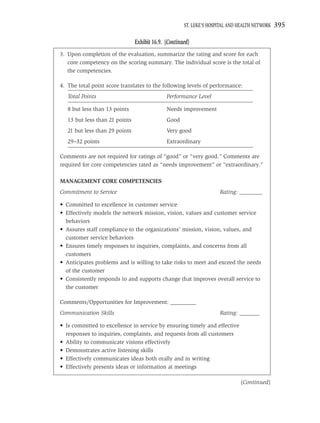 ST. LUKE’S HOSPITAL AND HEALTH NETWORK   395

                                Exhibit 16.9. (Continued)
3. Upon completion of the evaluation, summarize the rating and score for each
   core competency on the scoring summary. The individual score is the total of
   the competencies.

4. The total point score translates to the following levels of performance:
   Total Points                               Performance Level

   8 but less than 13 points                  Needs improvement
   13 but less than 21 points                 Good
   21 but less than 29 points                 Very good
   29–32 points                               Extraordinary

Comments are not required for ratings of “good” or “very good.” Comments are
required for core competencies rated as “needs improvement” or “extraordinary.”

MANAGEMENT CORE COMPETENCIES
Commitment to Service                                                Rating: ________

• Committed to excellence in customer service
• Effectively models the network mission, vision, values and customer service
  behaviors
• Assures staff compliance to the organizations’ mission, vision, values, and
  customer service behaviors
• Ensures timely responses to inquiries, complaints, and concerns from all
  customers
• Anticipates problems and is willing to take risks to meet and exceed the needs
  of the customer
• Consistently responds to and supports change that improves overall service to
  the customer

Comments/Opportunities for Improvement: _________
Communication Skills                                                 Rating: _______

• Is committed to excellence in service by ensuring timely and effective
  responses to inquiries, complaints, and requests from all customers
• Ability to communicate visions effectively
• Demonstrates active listening skills
• Effectively communicates ideas both orally and in writing
• Effectively presents ideas or information at meetings

                                                                              (Continued)
 