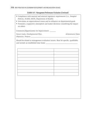 398 BEST PRACTICES IN LEADERSHIP DEVELOPMENT AND ORGANIZATION CHANGE

                      Exhibit 16.9. Management Performance Evaluation (Continued)
       • Compliance with internal and external regulatory requirements (i.e., Hospital
         Policies, JCAHO, HCFA, Department of Health)
       • Articulates an organizational vision and its inﬂuence on departmental goals
       • Promotes a supportive atmosphere and makes decisions considering the impact
         on others

       Comments/Opportunities for Improvement: _______
       Future Goals, Developmental Plan,                            Achievement Dates
       Objectives, Projects _______________________________________________________

       Should be related to management evaluation factors. Must be speciﬁc, qualiﬁable,
       and include an established time frame _____________________________________
 