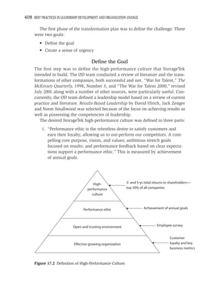408 BEST PRACTICES IN LEADERSHIP DEVELOPMENT AND ORGANIZATION CHANGE

       The ﬁrst phase of the transformation plan was to deﬁne the challenge. There
     were two goals:
         • Deﬁne the goal
         • Create a sense of urgency

                                        Deﬁne the Goal
     The ﬁrst step was to deﬁne the high-performance culture that StorageTek
     intended to build. The OD team conducted a review of literature and the trans-
     formations of other companies, both successful and not. “War for Talent,” The
     McKinsey Quarterly, 1998, Number 3, and “The War for Talent 2000,” revised
     July 2001 along with a number of other sources, were particularly useful. Con-
     currently, the OD team deﬁned a leadership model based on a review of current
     practice and literature. Results-Based Leadership by David Ulrich, Jack Zenger
     and Norm Smallwood was selected because of the focus on achieving results as
     well as possessing the competencies of leadership.
        The desired StorageTek high-performance culture was deﬁned in three parts:
          1. “Performance ethic is the relentless desire to satisfy customers and
             earn their loyalty, allowing us to out-perform our competitors. A com-
             pelling core purpose, vision, and values; ambitious stretch goals
             focused on results; and performance feedback based on clear expecta-
             tions support a performance ethic.” This is measured by achievement
             of annual goals.




                                        High-                 3- and 5-yr. total returns to shareholders—
                                     performance              top 20% of all companies
                                       culture



                                   Performance ethic                     Achievement of annual goals




                             Open and trusting environment                        Employee survey


                                                                                           Customer
                             Effective growing organization                                loyalty and key
                                                                                           business metrics



     Figure 17.2 Deﬁnition of High-Performance Culture.
 